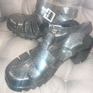 Size 8/EUR 39 Silver Glitter chunky Heel Jelly Sandals 🎃Halloween 🎃